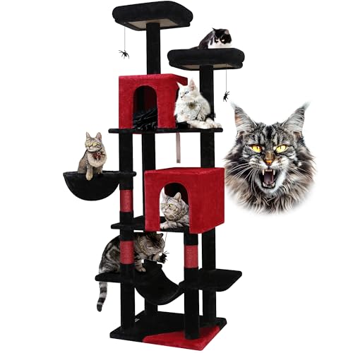 F69 Gothic Katzenbaum, 175,3 cm hoch, Gothic-Katzenbaum für Indoor-Katzen, große Erwachsene, roter und schwarzer Katzenbaumturm, Halloween-Katzenturm mit Kratzbaum, Hängematte, 2 Katzenhütten, 2 von Globlazer