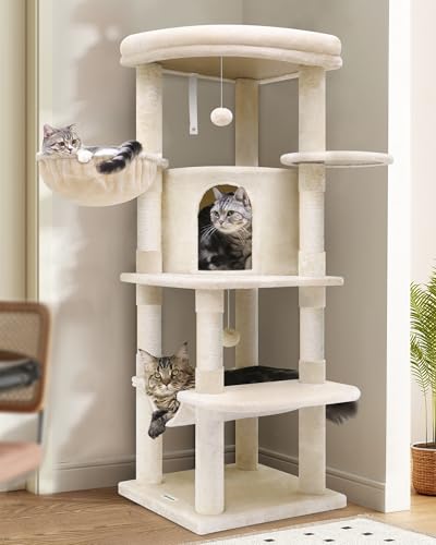 Globlazer C51 Eck-Katzenbaum für große Katzen, 129,5 cm gebogene Serie moderner Katzenturm für Indoor-Katzen mit Hängematte, 5 Sisal-Kratzstämme, große fächerförmige Plattform, Katzenhütte & von Globlazer