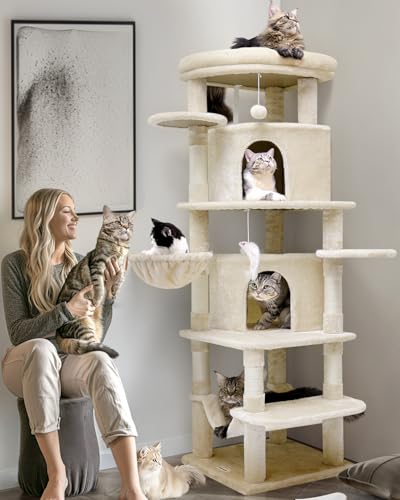 Globlazer C66 Großer Katzenturm, gebogene Serie Eck-Katzenbäume und Türme für große Indoor-Katzen mit Großkatzen-Höhlen, 6 Kratzstämme, Hängematte, Beige von Globlazer