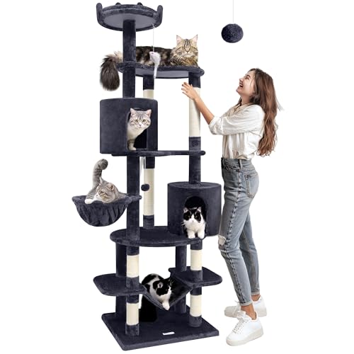 Globlazer C81 Max Tall Cat Tower, 205,7 cm große Katzenhütten für Indoor-Katzen, mehrere Katzen, einzigartiger Katzenbaumturm mit Kratzbaum, Hängematte, Dunkelgrau von Globlazer