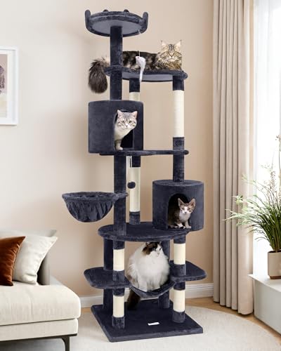 Globlazer C81 Max Tall Cat Tower, 205,7 cm große Katzenhütten für Indoor-Katzen, mehrere Katzen, einzigartiger Katzenbaumturm mit Kratzbaum, Hängematte, Dunkelgrau von Globlazer