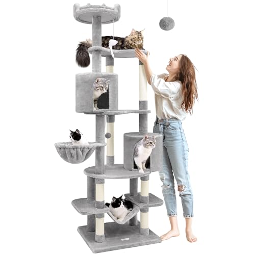 Globlazer C81 Max Tall Cat Tower, 205,7 cm große Katzenhütten für Indoor-Katzen, mehrere Katzen, einzigartiger Katzenbaumturm mit Kratzbaum, Hängematte, Hellgrau von Globlazer