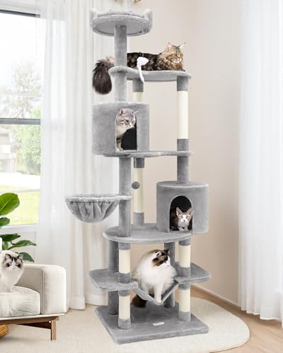 Globlazer C81 Max Tall Cat Tower, 205,7 cm große Katzenhütten für Indoor-Katzen, mehrere Katzen, einzigartiger Katzenbaumturm mit Kratzbaum, Hängematte, Hellgrau von Globlazer