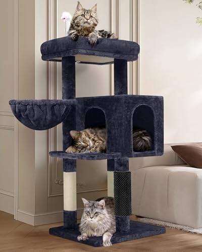 Globlazer F46B Katzenturm für Indoor-Katzen, 117,8 cm, stabiles Katzenhaus für große Multikatzen mit mehreren Plattformen, Hängematte und Anti-Kipp-Set, hochwertige Materialien, Dunkelgrau von Globlazer