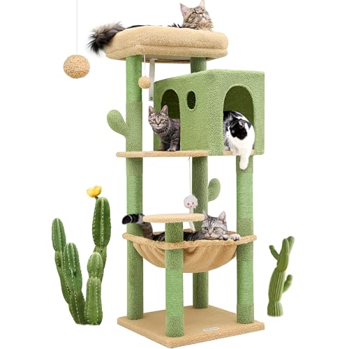 Globlazer F49C Kaktus Katzenturm für Indoor-Katzen, Kaktus-Serie 124,5 cm Katzenkletterturm Katzenbaum mit Hängematte, Kratzbaum, große Katzenhaus,Kaktusgrün von Globlazer