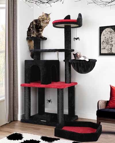 Globlazer F52 Gothic Katzenbaum, 132,1 cm, Gothic-Katzenturm, Halloween-Katzenbaum mit Sargbett für Indoor-Katzen, Kratzbäume, gemütliche Höhlen, Hängematte, Schwarz von Globlazer