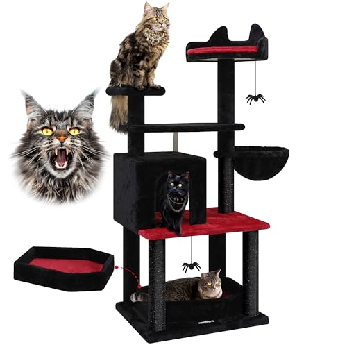 Globlazer F52 Gothic Katzenbaum, 132,1 cm, Gothic-Katzenturm, Halloween-Katzenbaum mit Sargbett für Indoor-Katzen, Kratzbäume, gemütliche Höhlen, Hängematte, Schwarz von Globlazer