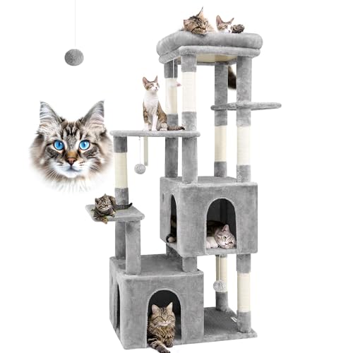 Globlazer F61 Katzenturm für Indoor-Katzen, robuste Katzenbäume für große Katzen, erwachsene große Katzen, Maine Coon Katzenbaum Turm mit Kratzbaum, extra große Sitzstange, Katzenhütten, Hellgrau, 155 von Globlazer