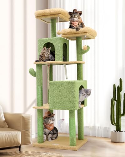 Globlazer F61C Kaktus-Katzenturm für Indoor-Katzen, niedlicher hoher Kaktus-Katzenbaumturm für ausgewachsene Katzen, Kätzchen, mit Kratzstämmen, 2 Katzenhütten, 2 Sitzstangen oben und baumelndem Ball von Globlazer