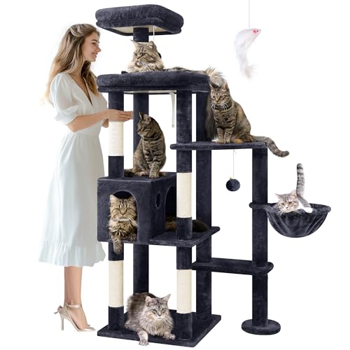 Globlazer F65 Extra großer Katzenbaum, 165,1 cm hoher Katzenbaum für Indoor-Katzen, große Erwachsene, XL-Katzenturm mit 5 Kratzstämmen, 2 Sitzstangen, geräumige Höhle, Hängekorb, Dunkelgrau von Globlazer