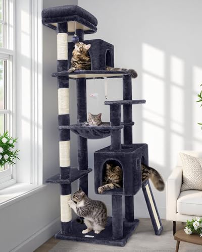 Globlazer F70 Pro robuster Kratzbaum, 177,8 cm, robuster Kratzbaum für Indoor-Katzen, extra großer Katzenturm mit Kratzbaum, Hängematte, Katzenhütte für erwachsene Katzen, Kätzchen, Dunkelgrau von Globlazer