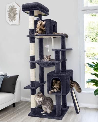 Globlazer F70 Pro robuster Kratzbaum, 177,8 cm, robuster Kratzbaum für Indoor-Katzen, extra großer Katzenturm mit Kratzbaum, Hängematte, Katzenhütte für erwachsene Katzen, Kätzchen, Dunkelgrau von Globlazer