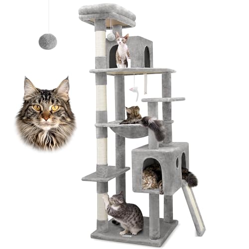 Globlazer F70 Pro robuster Kratzbaum, 177,8 cm, robuster Kratzbaum für Indoor-Katzen, extra großer Katzenturm mit Kratzbaum, Hängematte, Katzenhütte für erwachsene Katzen, Kätzchen, Hellgrau von Globlazer