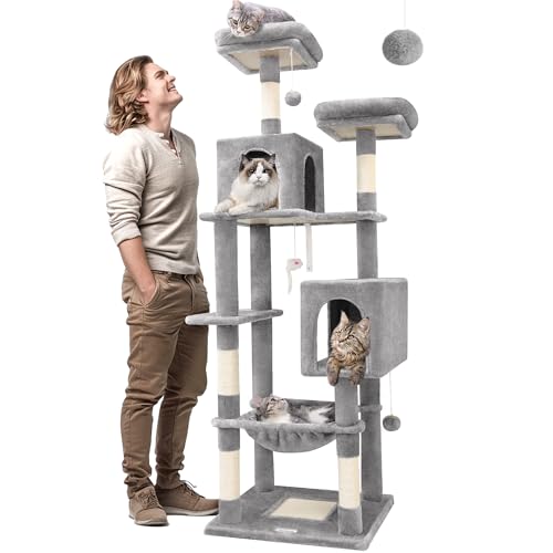 Globlazer F70 hoher Katzenbaumturm, 177,8 cm, großer Kratzbaum für Indoor-Katzen, mehrstöckige Katzenhütte mit 2 gepolsterten Sitzstangen, 2 gemütlichen Höhlen, Hängematte, Katzenkratzer und von Globlazer