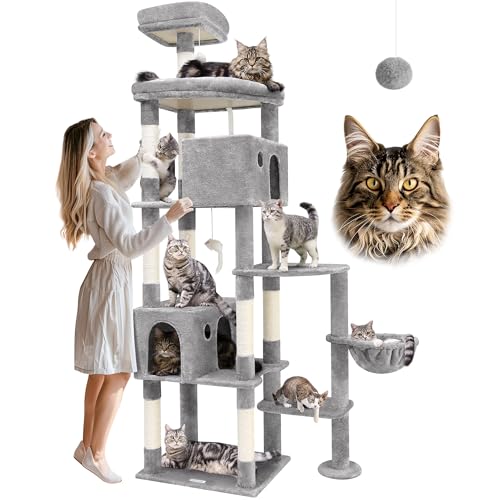 Globlazer F83 hoher Katzenbaum, 210,8 cm, Katzenbaum für Indoor-Katzen, große Erwachsene, XXL-Katzenturm mit 9 Kratzbäumen für 9 kg+, robuste große ausgewachsene Katzen, Hellgrau von Globlazer