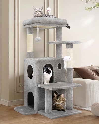 Globlazer Kratzbaum Turm für Indoor-Katzen, Erwachsener Katzenbaum Haus für große Erwachsene Katzen mit Stufen, Kratzbaum, 2 Katzenhöhlen, baumelndes Spielzeug von Globlazer