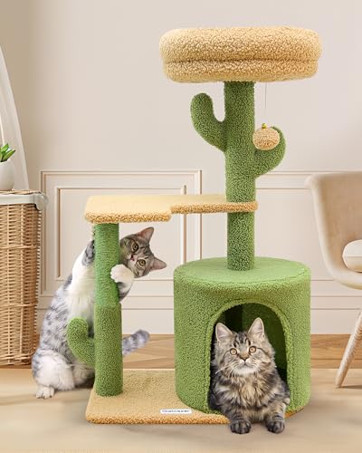 Globlazer Kaktus-Katzenbaum, 86,4 cm, niedlicher Katzenturm mit Kratzbaum, kleiner Katzenbaum für Indoor-Katzen mit gepolsterter Sitzstange, gemütlicher Höhle, großer Plüschplattform und hängendem von Globlazer