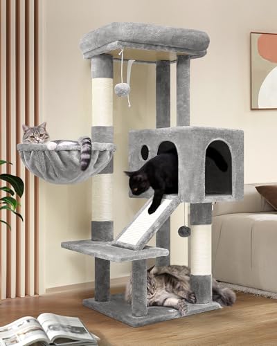 Globlazer S45 Robuster Kratzbaum, Stabiler 114,3 cm Eck-Katzenbaumturm für Indoor-Katzen, Katzenkratzbaum Turm für erwachsene Katzen mit Kratzbrett, Kitty Condo, Korb, Hellgrau von Globlazer