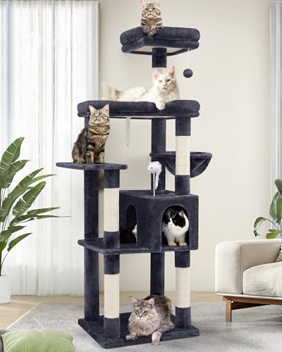 Globlazer S68 Großer Katzenkletterturm, 172,7 cm, Maine-Coon-Katzenbaum für große Katzen, 9 kg + robuster Katzenturm für ausgewachsene größte Katzen, extra große Plattform, 5 Kratzbäume, Dunkelgrau von Globlazer