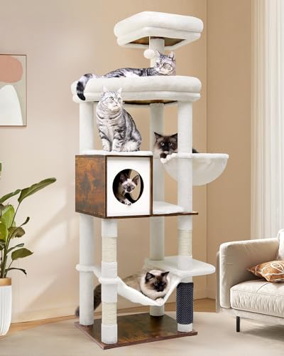 Globlazer W66 Katzenbaum hoch 167,6 cm Moderner Katzenturm für Indoor-Katzen Ästhetischer Katzenbaum mit 4 Kratzstämmen, 5 waschbaren abnehmbaren Kissen, Katzenmöbel von Globlazer