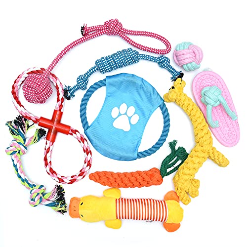 Globright Hundespielzeug, langlebiges Kauspielzeug für Welpen, Zahntrainingsset, Seilspielzeug, natürliche Baumwolle, Giraffe, quietschende Ente, Kaninchen, Frisbee, Seilball, 10 Packungen von Globright