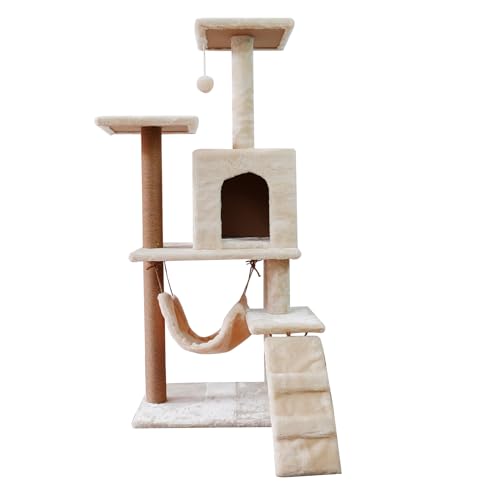 Gloop Katzenbaum Kratzbaum Katzenmöbel Spielhaus Mehrstöckig Katzenhaus mit Plattformbett Stabiler Kletterbaum für Katzen 125 cm hoch (Beige-60L x 40B x 125H cm) von Gloop