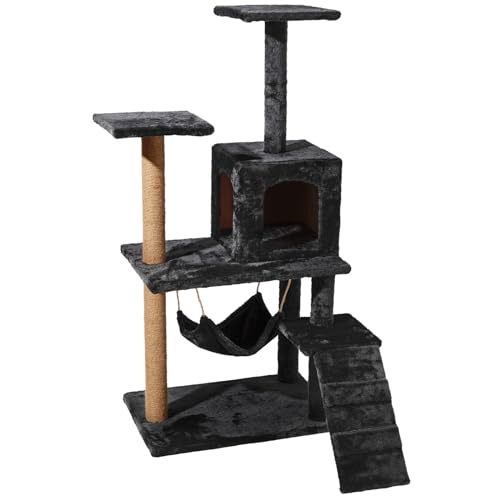 Gloop Katzenbaum Kratzbaum Katzenmöbel Spielhaus Mehrstöckig Katzenhaus mit Plattformbett Stabiler Kletterbaum für Katzen 125 cm hoch (Schwarz-60L x 40B x 125H cm) von Gloop