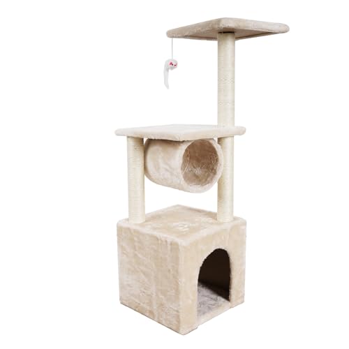 Gloop Katzenbaum Kratzbaum Katzenmöbel Spielhaus Mehrstöckig Katzenhaus mit Plattformbett Stabiler Kletterbaum für Katzen 90 cm hoch (Beige-32L x 32B x 90H cm) von Gloop