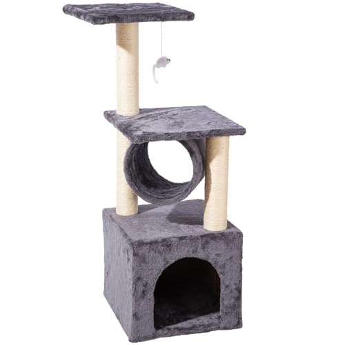 Gloop Katzenbaum Kratzbaum Katzenmöbel Spielhaus Mehrstöckig Katzenhaus mit Plattformbett Stabiler Kletterbaum für Katzen 90 cm hoch (Grau-32L x 32B x 90H cm) von Gloop