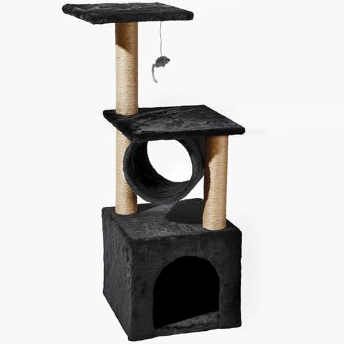 Gloop Katzenbaum Kratzbaum Katzenmöbel Spielhaus Mehrstöckig Katzenhaus mit Plattformbett Stabiler Kletterbaum für Katzen 90 cm hoch (Schwarz-32L x 32B x 90H cm) von Gloop