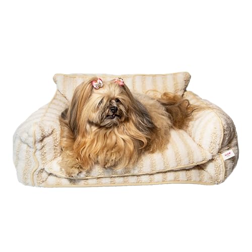 Haustierbett für kleine Hunde und Katzen, Beige und Weiß gestreift, niedliches Sofa, Hundebett, Größe 65 x 40 x 30 cm (Beige, Medium) von Glow Pups