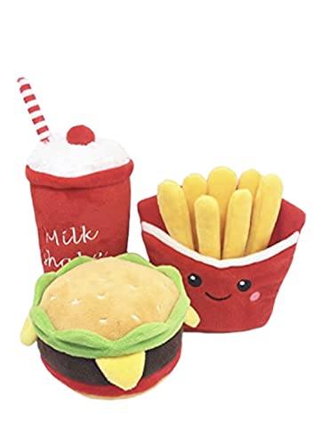 Glow Pups Food Parodie Spielzeug für Hunde, Fast Food Shaped Dog Toys, Hundespielzeug mit Quietscher, Welpenspielzeug, Pommes Frites Hundespielzeug (Hamburger, Pommes Frites und Milchshake 3 Pack) von Glow Pups