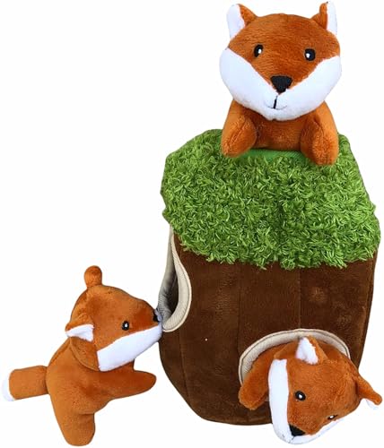 Glow Pups Hide and Seek Hundespielzeug, Stofftier Baumhaus, Holztier Hundespielzeug, Puzzle Hundespielzeug, Tier im Baum Hundespielzeug, verstecken und suchen (Baum mit Fuchs, Klein) von Glow Pups