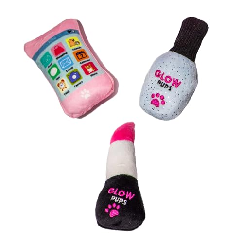 Glow Pups Hide and Seek Hundespielzeug-Set, rosa Geldbörse mit Plüschtieren, Quietscher, Knistermaterial, Seilgriff, für kleine Hunde (3er-Pack: Lippenstift, Handy und Nagellack Hundespielzeug) von Glow Pups