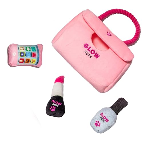 Glow Pups Hide and Seek Hundespielzeug-Set, rosa Geldbörse mit Plüschtieren, Quietscher, Knistermaterial, Seilgriff, für kleine Hunde (rosa Geldbörse, Hundespielzeug mit Lippenstift, Handy und von Glow Pups