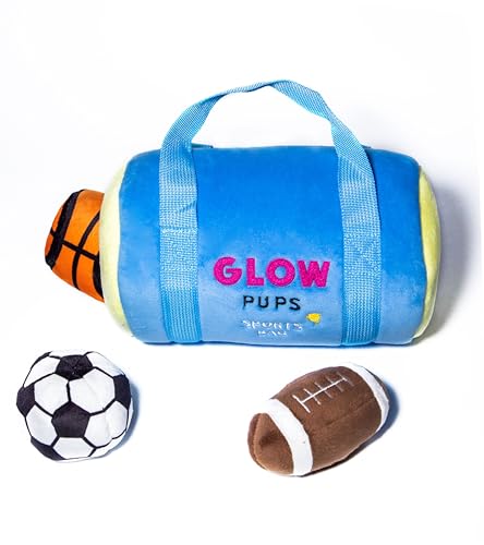 Glow Pups Sporttasche Hide and Seek Hundespielzeug, 3 Plüschbälle mit Quietscher, Basketball, Fußball, Fußball von Glow Pups