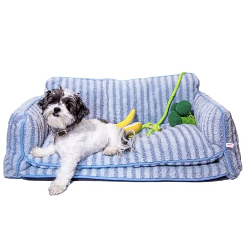 Glow Pups Hellblau gestreiftes Sofa Haustierbett, Hundesofa, Größe 65 x 40 x 30 cm (Hellblau, Medium) von Glow Pups