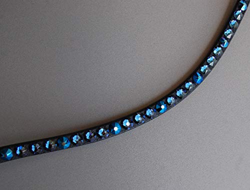 GlücksHucke Pferde Stirnband/Stirnriemen 'Deep Blue Sea' mit Strass in Dunkelblau & Metallic Blau, geschwungen, schmal (Cob, Leder Dunkelbraun) von GlücksHucke