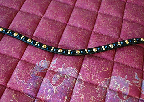 GlücksHucke Stirnriemen Pferd 'Black & Gold' mit Strass in Schwarz & Gold, geschwungen, schmal (Kaltblut, Leder Dunkelbraun) von GlücksHucke