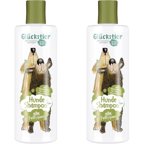 Glückstier Hundeshampoo, 250 ml, rückfettendes Shampoo für alle Hunderassen, für glänzendes Fell & bessere Kämmbarkeit, angepasster pH-Wert, 100% vegan & tierleidfrei (Packung mit 2) von Glückstier