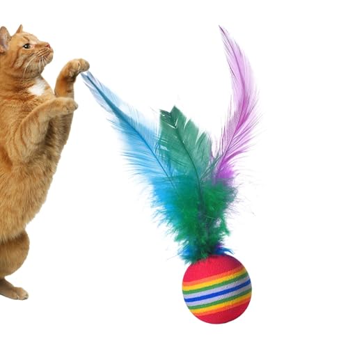 Gmokluytw Feder Bouncy Ball Cat Toy, Kätzchenballspielzeug,Interaktives Katzenspielzeug für Innenkatzen mit natürlichen Federn | Hochelastizitätskugel Haustier Teether Game für das Lauftraining von Gmokluytw