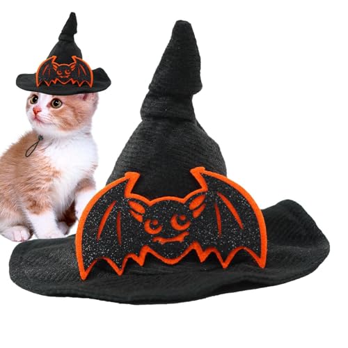 Gmokluytw Halloween Haustierhut,Halloween Hund Hexenhut | Fledermaus Design Hund Halloween Kostüm Hexenhut,Kein Haarausfall, Festliche Atmosphäre, Verstellbarer, gruseliger Kürbishut von Gmokluytw