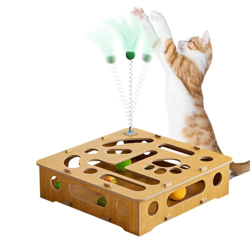 Gmokluytw Katzen-Puzzle-Box, Katzenspielzeug aus Holz,Katzenspielzeug-Puzzlebox aus Holz mit Federn und Bällen | Interaktives Indoor-Sportunterhaltungs-Katzenspielzeug für Kätzchen, von Gmokluytw