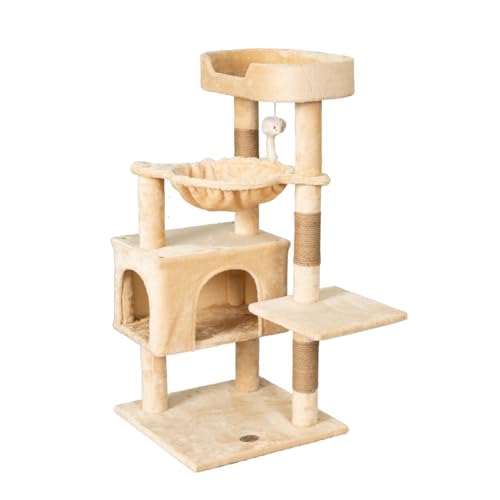 Go Pet Club Everyday Value Kratzbaum, 94 cm, Katzenhöhle, bequeme große Sitzstange, Kratzbäume, baumelnde Maus und Hängematte, Katzenspielturm für Katzen und Kätzchen, Beige von Go Pet Club