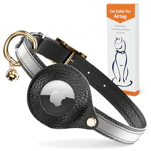 AirTag Katzenhalsband aus Leder, nicht abreißbar, reflektierendes GPS-Katzenhalsband, verstellbar mit Glocke und Gummiband für Kätzchen, leichtes Katzenairtag-Halsband für Katzen, Welpen (Schwarz) von GoGoPaw