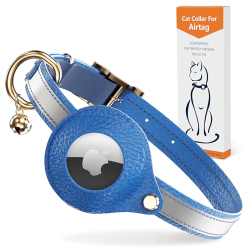 AirTag Katzenhalsband aus Leder, nicht abreißbar, reflektierendes GPS-Katzenhalsband, verstellbar mit Glocke und elastischem Band für Kätzchen, leichtes Katzenairtag-Halsband für Katzen, Welpen (Blau) von GoGoPaw