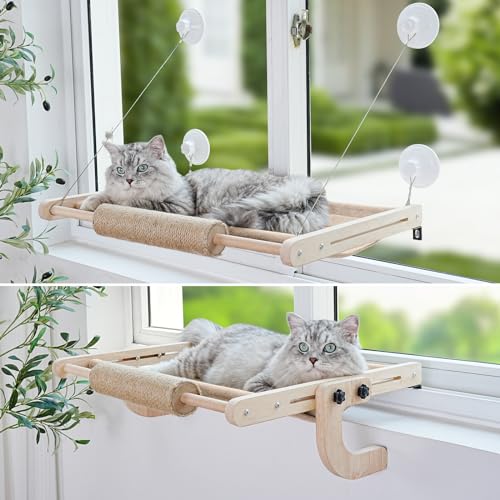 GoGoPaw 2-in-1 Katzen-Fenstersitzstange, Katzen-Fensterhängematte mit 4 starken Saugnäpfen, bequemes Katzen-Fensterbett für Katzen innen, Katzenfenstersitz für große Katzen und Kätzchen auf von GoGoPaw