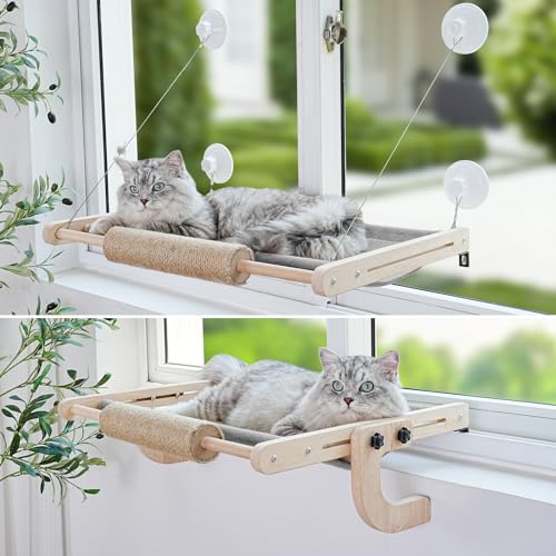 GoGoPaw 2-in-1 Katzen-Fenstersitzstange, Katzen-Fensterhängematte mit 4 starken Saugnäpfen, bequemes Katzen-Fensterbett für Katzen innen, Katzenfenstersitz für große Katzen und Kätzchen auf von GoGoPaw