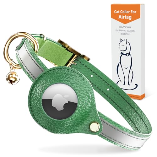 Leder AirTag Katzenhalsband, Nicht Breakaway, Reflektierendes GPS-Katzenhalsband Verstellbar mit Glocke und Gummiband für Kätzchen, Leichtes Cat Airtag Halsband für Katzen, Welpen (Grün) von GoGoPaw