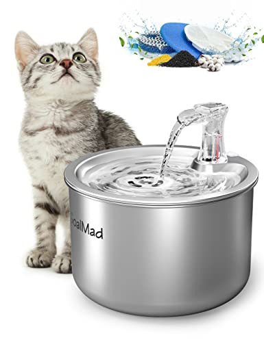 GoalMad Katzen-Wasserbrunnen Edelstahl, 2,0 l Automatischer Trinkwasserspender Katze Wassernapf Haustier Wasserbrunnen mit LED-Licht & Filter für Katzen, Hunde von GoalMad